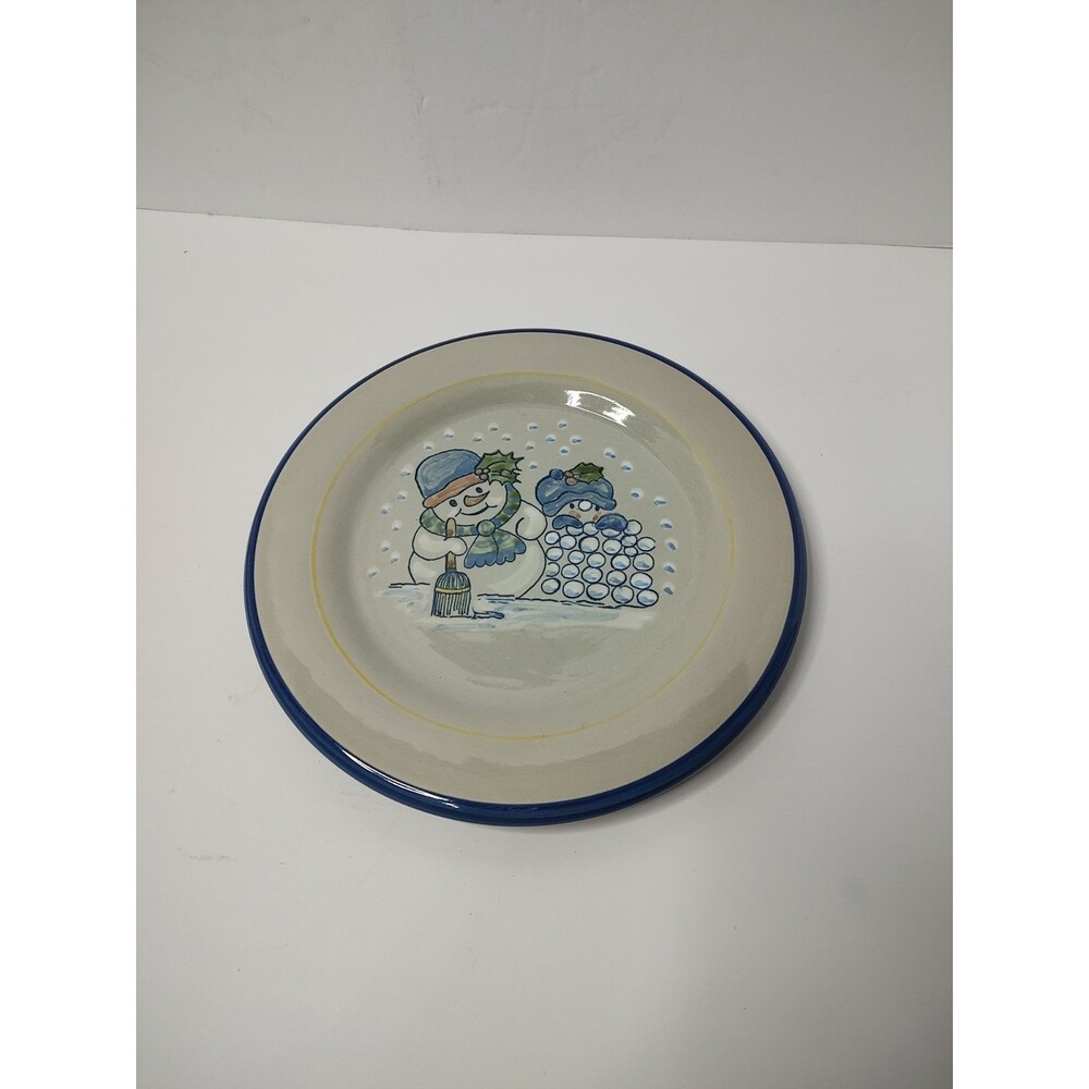 Louisville Stoneware Plate W/Snowman Blue Rim Kentucky USA 9 1/2" Round